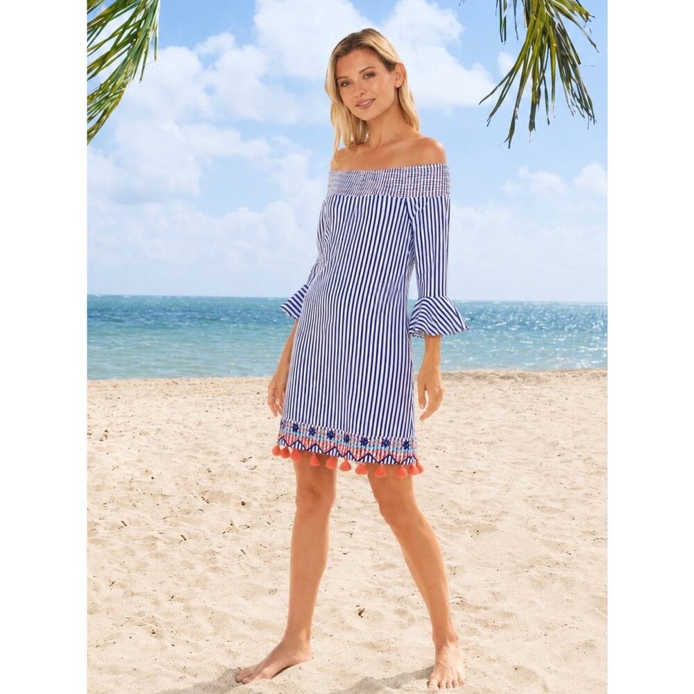 NWT Cabana Life St. Barts Off The Shoulder Dress Embroidered Tassels Size Large